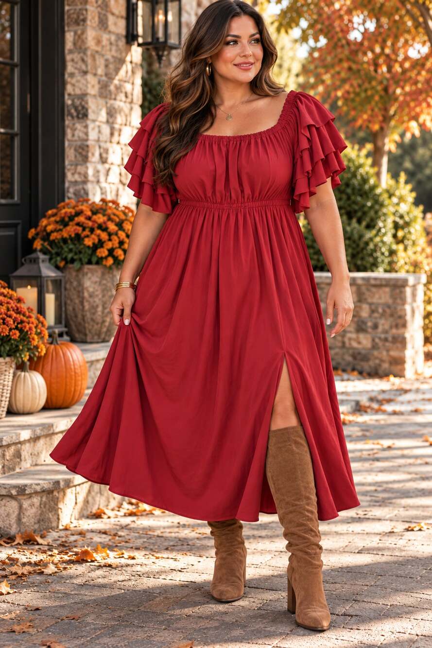 Burgundy Off Shoulder Ruffle Trim Maxi Dress with Side Slit